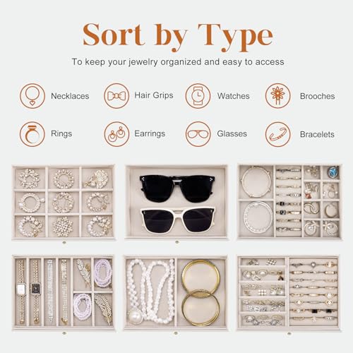Dajasan Large Jewelry Organizer Box, Jewelry Boxes for Women Girls, 6-Tier Jewelry Storage Organizer with Mirror for Necklace Ring Bracelet Watch, Gift Idea (Beige) - Image 4