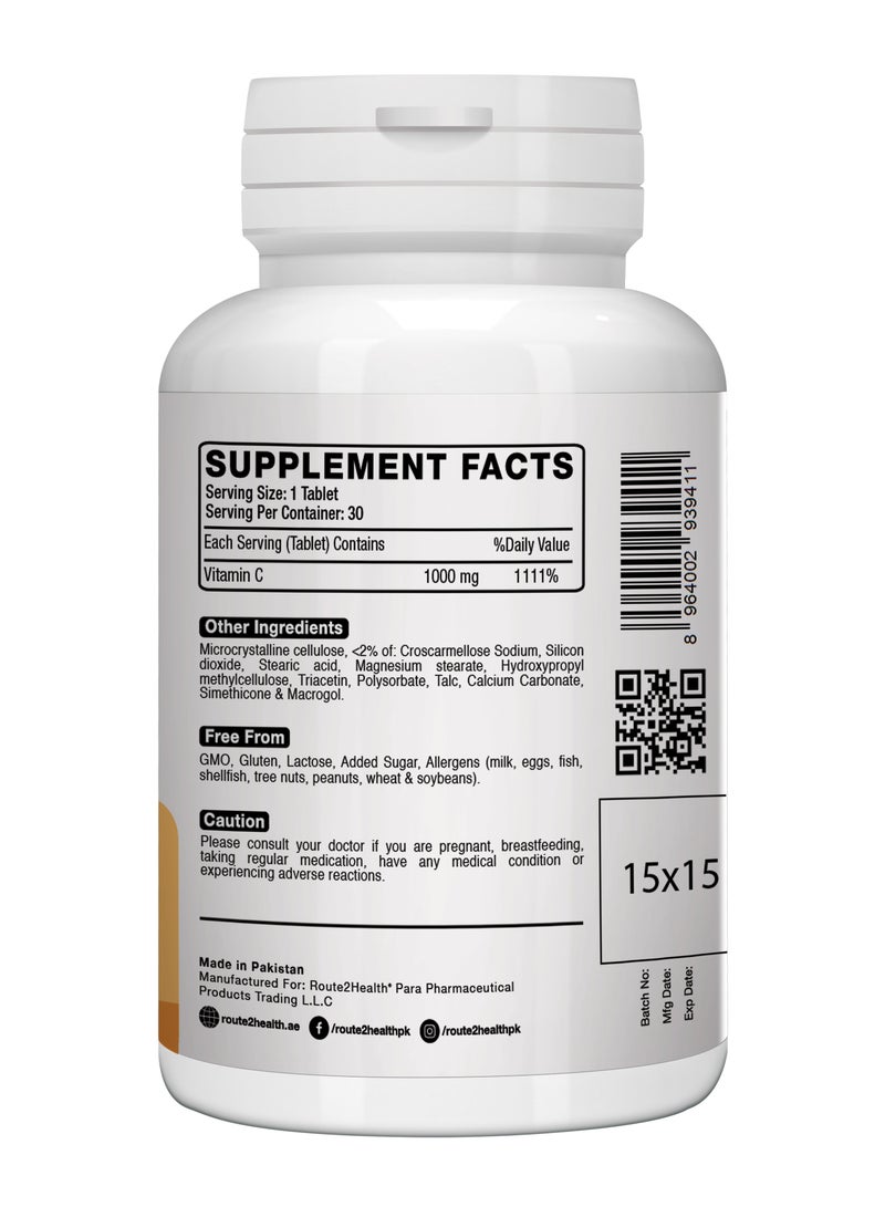 Route2Health Route 2 Health Vitamin C 1000 mg - 30 Tablets – Immune Support Supplement, Antioxidant Boost, Supports Collagen Production & Overall Wellness – Non-GMO, Vegan-Friendly, Gluten-Free - Image 3