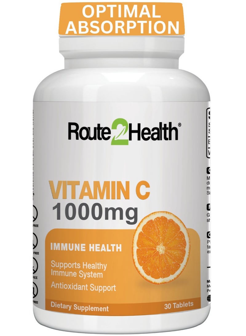 Route2Health Vitamin C 1000 mg - 30 Tablets – Immune Support Supplement, Antioxidant Boost, Supports Collagen Production & Overall Wellness – Non-GMO, Vegan-Friendly, Gluten-Free - Image 1