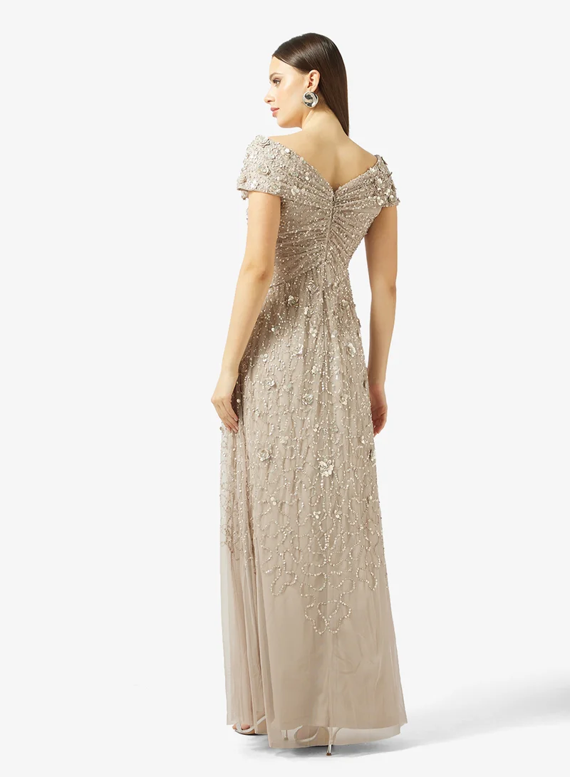Adrianna Papell Bead Cap Sleeve Long Dress