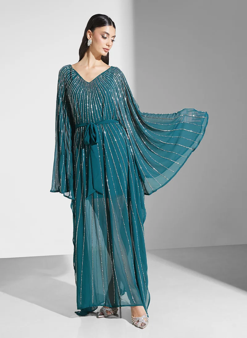 Amelia Rose Embellished Cape Sleeves Maxi Dress