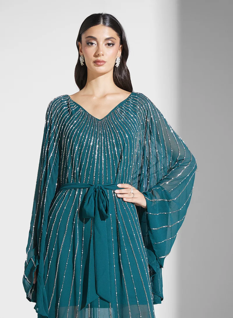Amelia Rose Embellished Cape Sleeves Maxi Dress