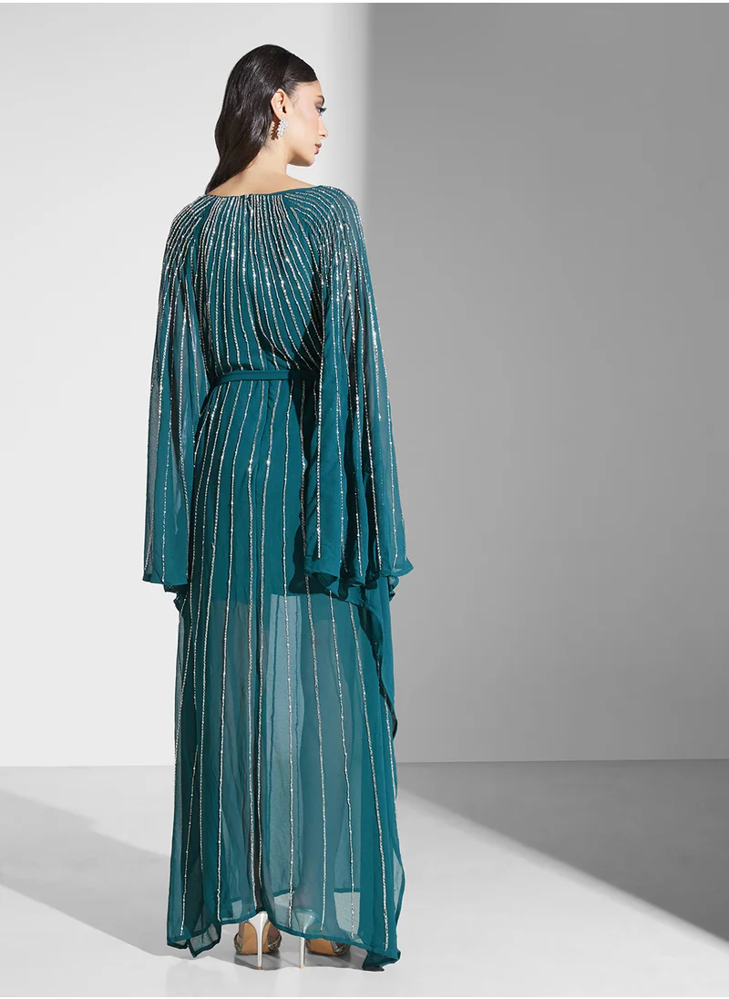 اميليا روز Embellished Cape Sleeves Maxi Dress