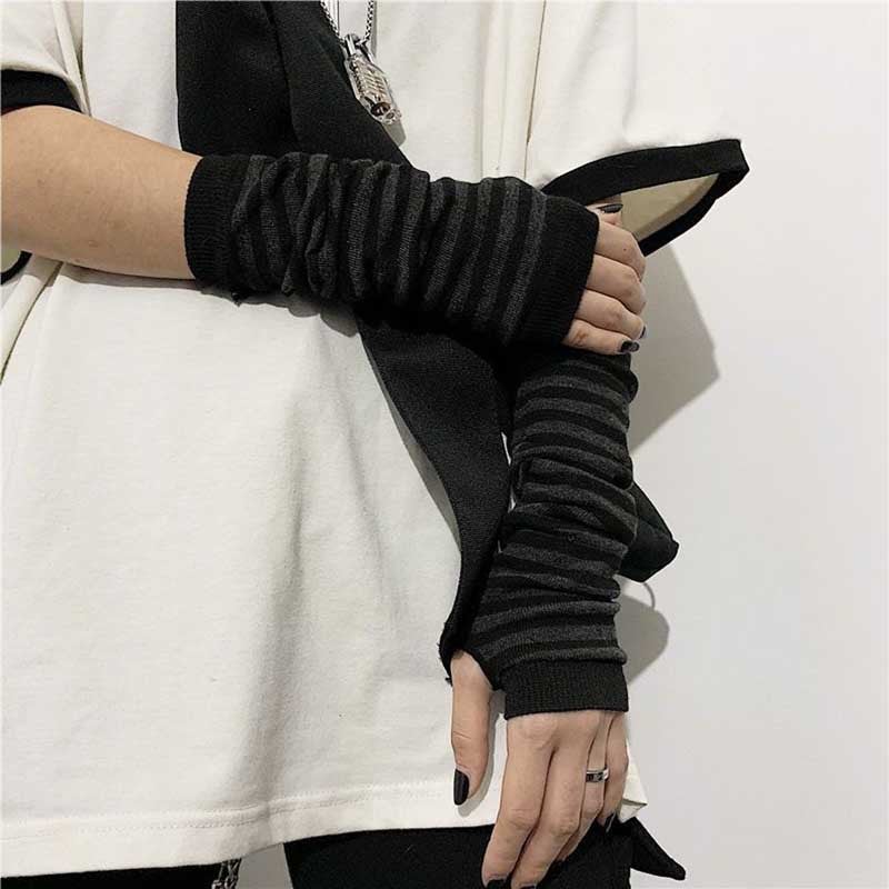 Rainbow Striped Sleeve Gloves Cotton Warmth Black Gray 