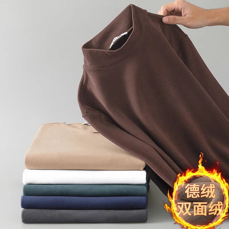 Derong Base Layer Half Turtleneck Long-Sleeved T-Shirt Men'S Pure Color Fleece-Lined Warm Inner Double-Sided Velvet Mid-Collar Autumn Coat - Image 3