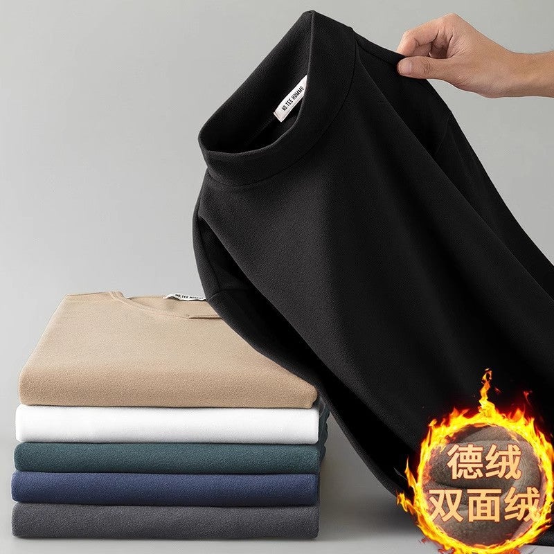 Derong Base Layer Half Turtleneck Long-Sleeved T-Shirt Men'S Pure Color Fleece-Lined Warm Inner Double-Sided Velvet Mid-Collar Autumn Coat - Image 2