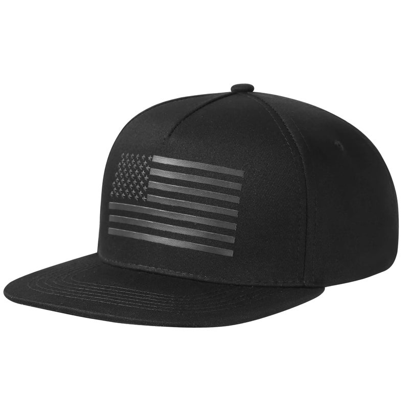 UALON Baseball Cap, Snapback Trucker Hat for Men & Women with American Flag and Adjustable, Breathable Mesh, Flat Bill Hats Black - Image 1