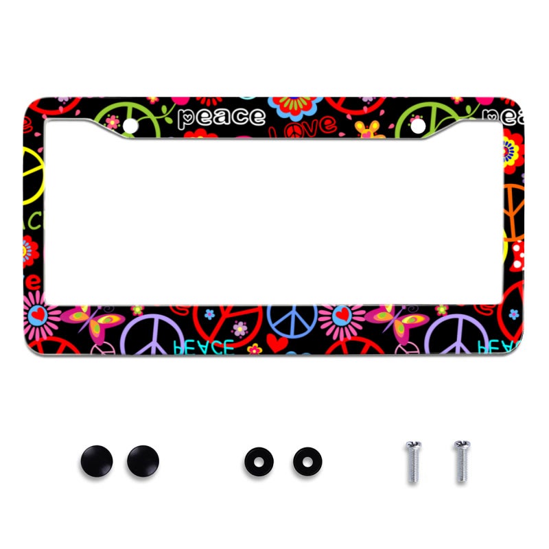 Omw2fyb Personalise Hippies Peace Flower License Plate Frames Colored License Plate Frame Car Universal Stainless Steel Accessories Cars Decor 2 Holes Screws Fits Standard US Vehicles Size 12.2 x 6 Inches - Image 1