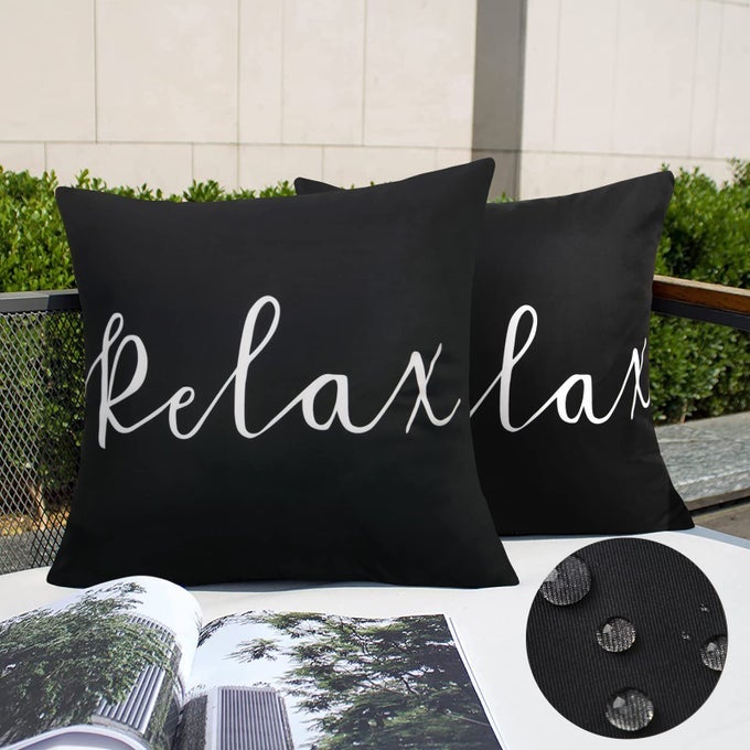 SET OF 2 BLACK AND WHITE OUTDOOR WATERPROOF PILLOW COVERS 18X18 RELAX THROW PILLOW COVERS DECORATIVE OUTDOOR PILLOWS FOR PATIO FURNITURE
