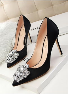 BIGTREE 10cm Rhinestone Slim Shallow Mouth Pointy Shiny Rhinestone Buckle Heels Black 