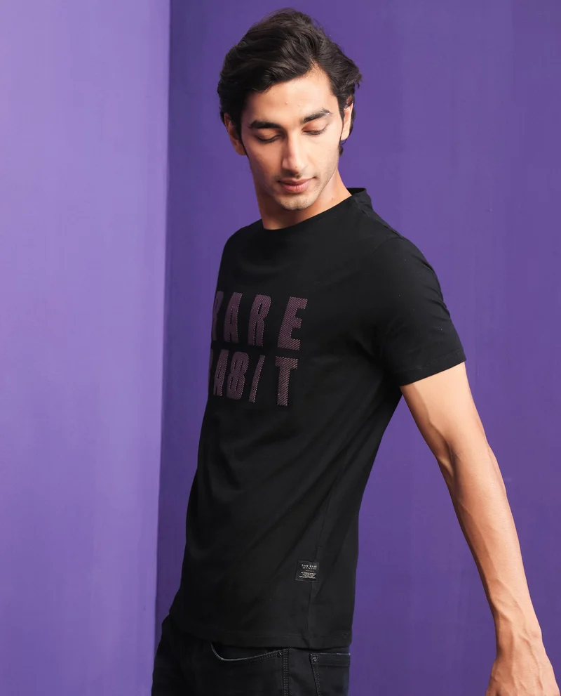 Rare Rabbit Rare Rabbit Mens Electricc Black Cotton Lycra Fabric Short Sleeves Crew Neck Slim Fit T-Shirt