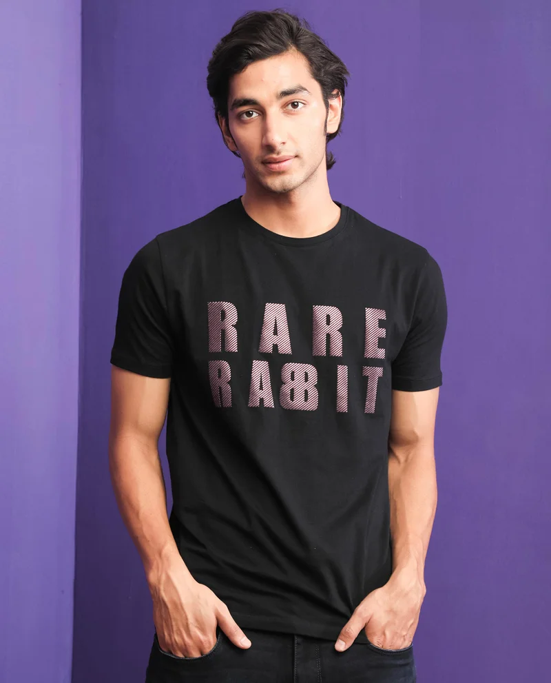 Rare Rabbit Rare Rabbit Mens Electricc Black Cotton Lycra Fabric Short Sleeves Crew Neck Slim Fit T-Shirt