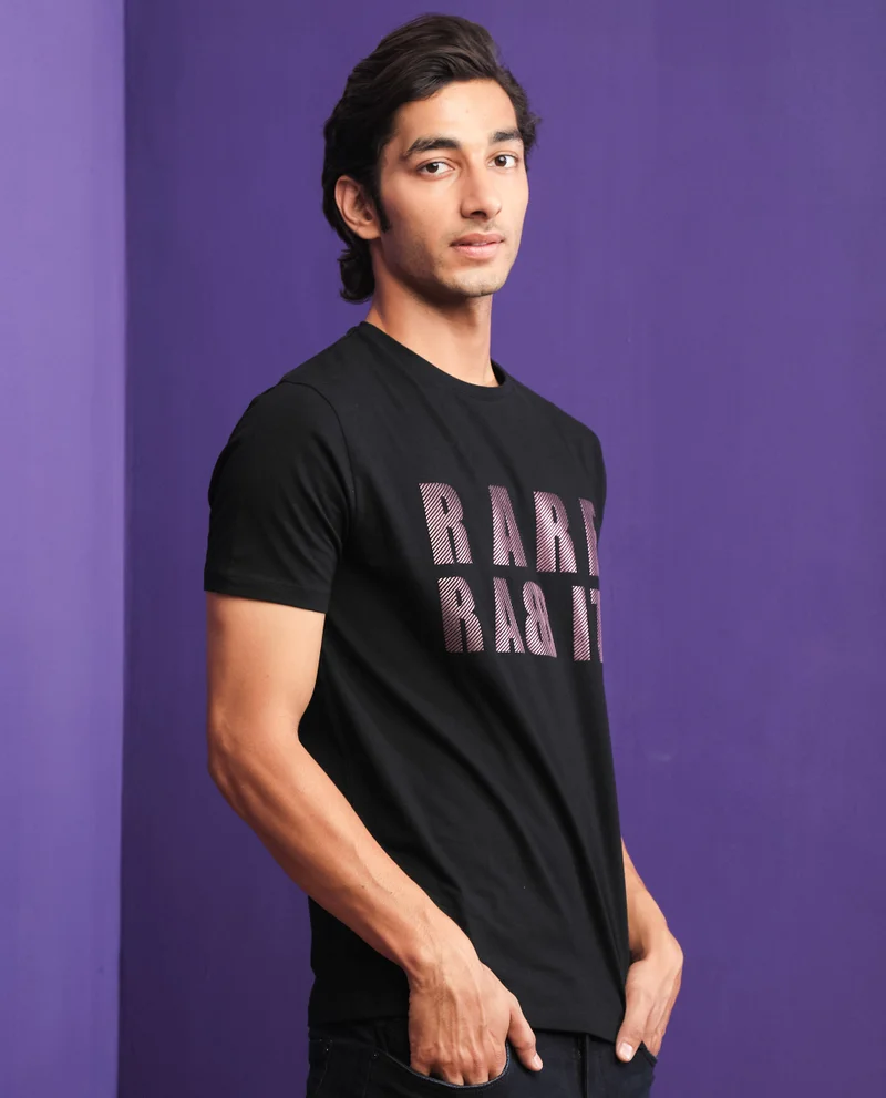 Rare Rabbit Rare Rabbit Mens Electricc Black Cotton Lycra Fabric Short Sleeves Crew Neck Slim Fit T-Shirt