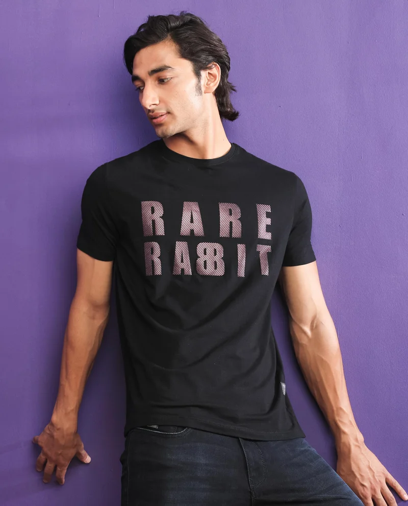 رير رابِت Rare Rabbit Mens Electricc Black Cotton Lycra Fabric Short Sleeves Crew Neck Slim Fit T-Shirt