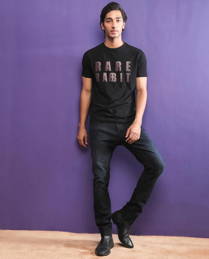 رير رابِت Rare Rabbit Mens Electricc Black Cotton Lycra Fabric Short Sleeves Crew Neck Slim Fit T-Shirt