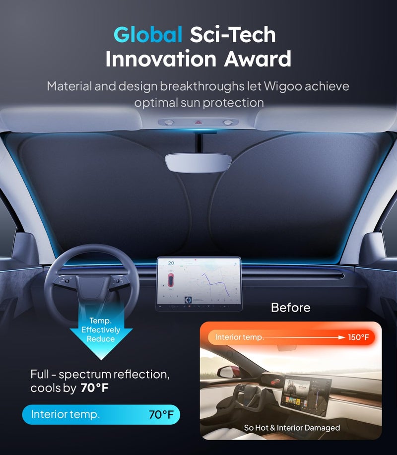 Wigoo 2026 Upgraded Accessories Tesla Model 3 Windshield Sunshade [OEM Design, 100% Sun Blockage] Foldable Heat Insulation Sun Shade with Storage Bag, for Tesla Model 3 2016~2026, Silver Coating - Image 2