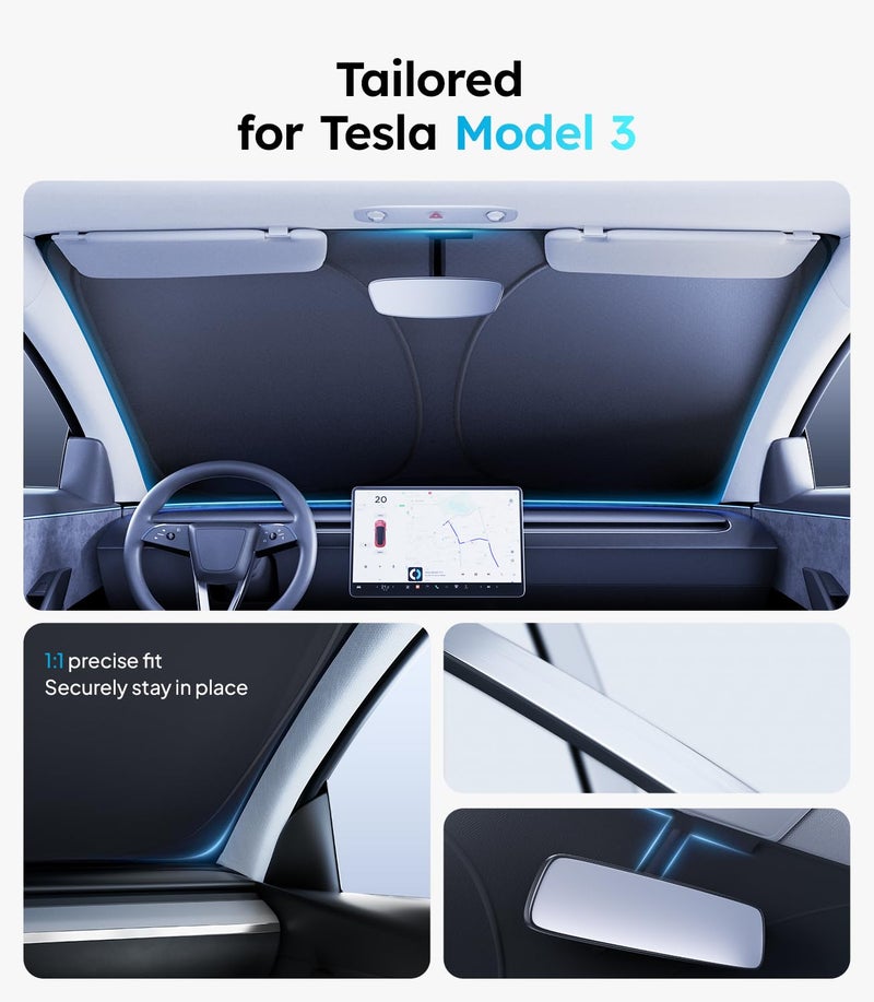 Wigoo 2026 Upgraded Accessories Tesla Model 3 Windshield Sunshade [OEM Design, 100% Sun Blockage] Foldable Heat Insulation Sun Shade with Storage Bag, for Tesla Model 3 2016~2026, Silver Coating - Image 4