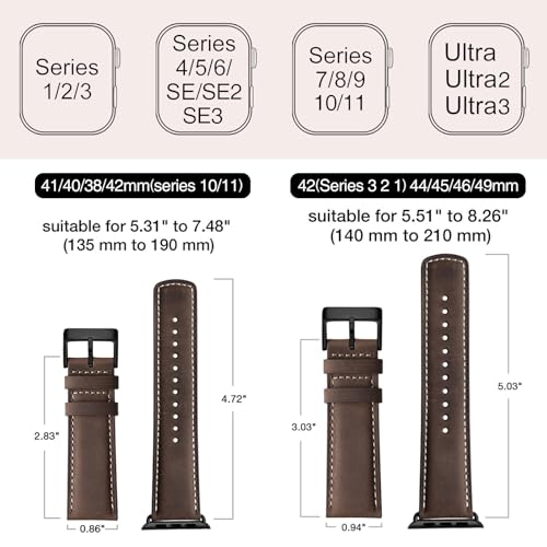 SUNFWR Leather Bands Compatible with Apple Watch Band 41mm 40mm 38mm for Men Women, Top Grain Genuine Leather Replacement Strap for iWatch Ultra SE2 SE Series 8 7 6 5 4 3 2 1 (Coffee/Black) - Image 5