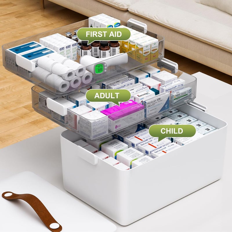 Joybos 3-Tier Medicine Storage Box Cabinet, Empty First Aid Kit Portable Medical Supply Organizer with Leather Handle for Home 3-Tier Medicine Storage Box - Image 2