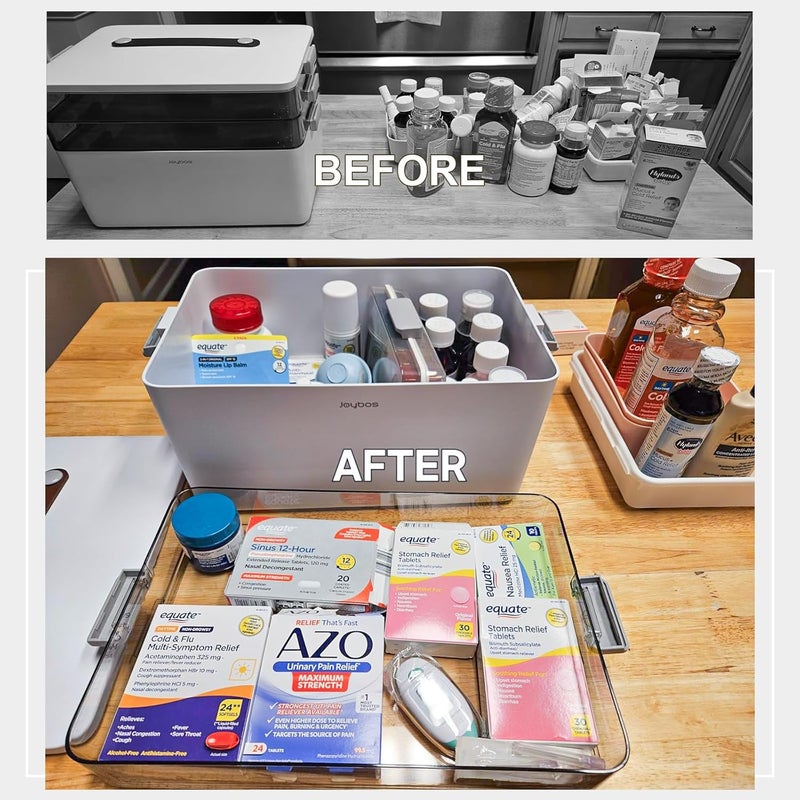 Joybos 3-Tier Medicine Storage Box Cabinet, Empty First Aid Kit Portable Medical Supply Organizer with Leather Handle for Home 3-Tier Medicine Storage Box - Image 4