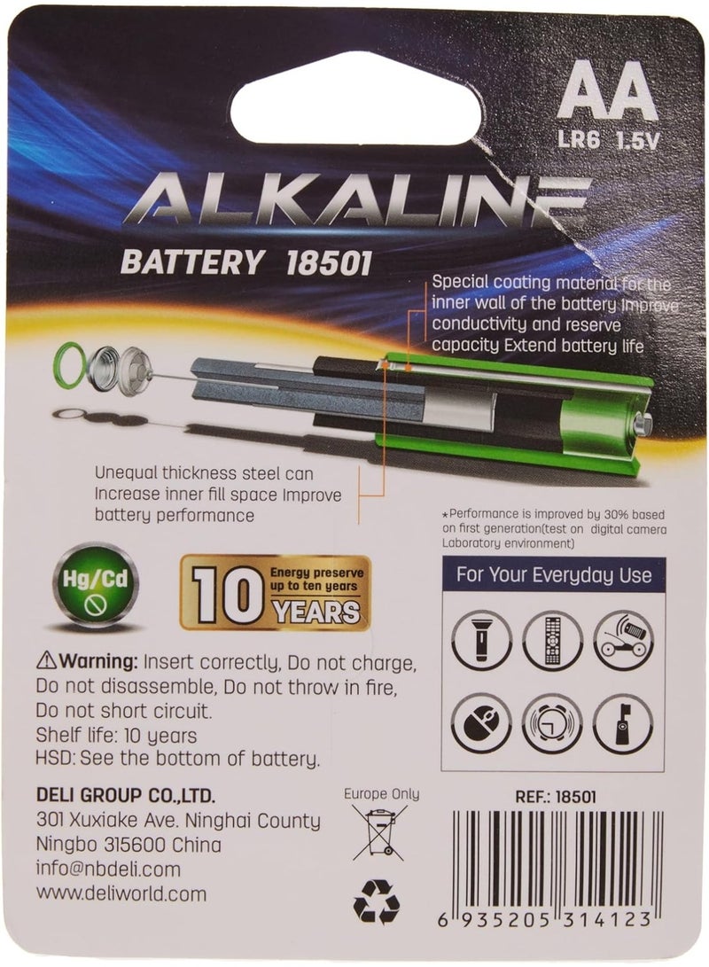Deli Alkaline Batteries – 4-Pack, LR6 AA -High-Power Long-Lasting Performance, Leak-Proof Design for High-Drain Devices, Multicolour – Model 18501 - Image 2