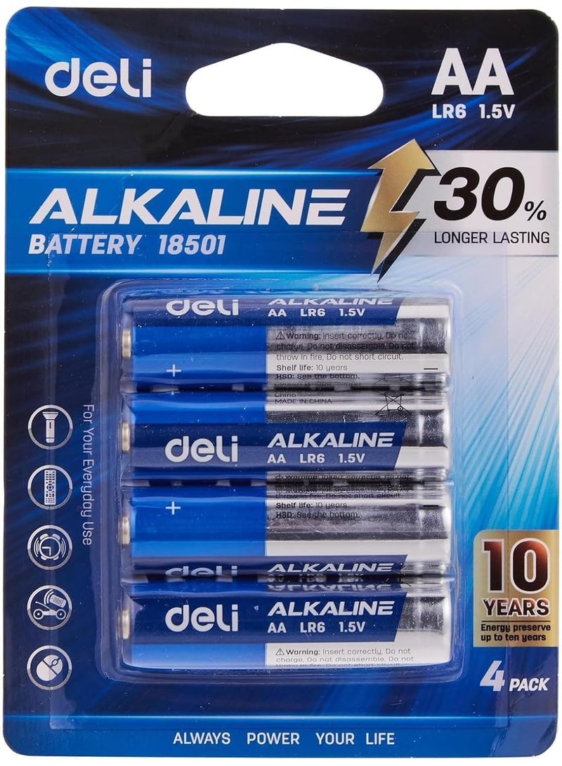 Deli Alkaline Batteries – 4-Pack, LR6 AA -High-Power Long-Lasting Performance, Leak-Proof Design for High-Drain Devices, Multicolour – Model 18501 - Image 1
