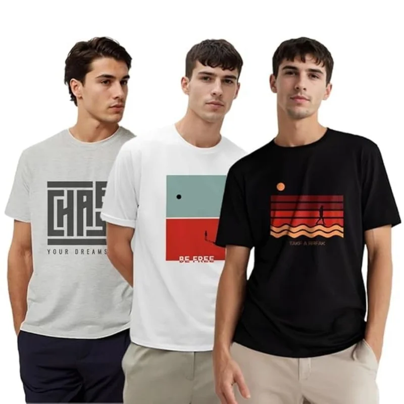 نوبيرو Men's Graphic Printed Cotton T-Shirt Pack of 3