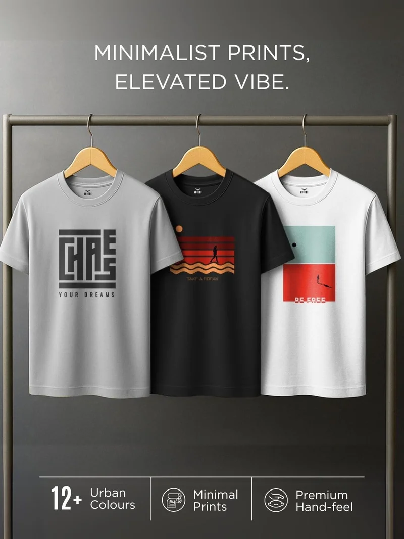 NOBERO  Men's Graphic Printed Cotton T-Shirt Pack of 3 for Men | Best Price UAE