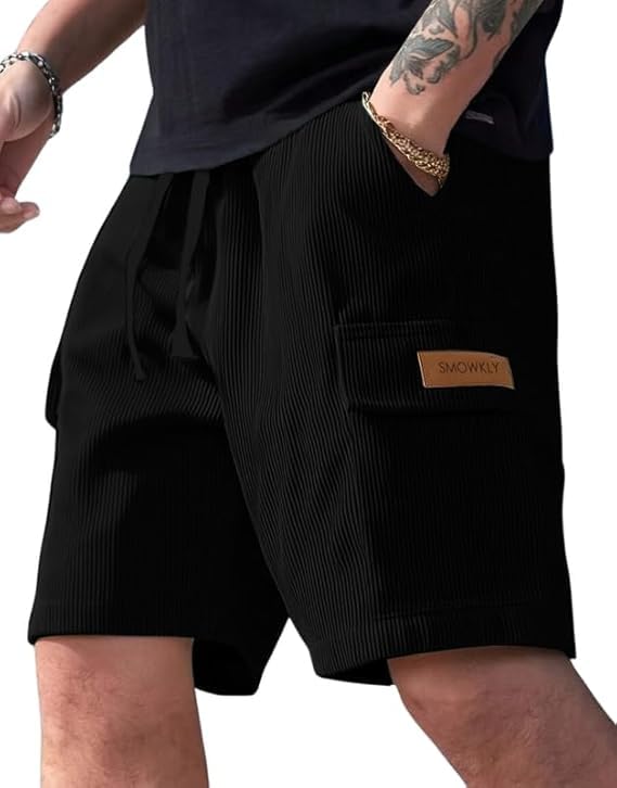 SMOWKLY Authentics Classic Men's Ribbed Polycotton Relaxed Fit Cargo Stretch Shorts || Half Pant with Drawstring & 4 Pockets || Lightweight & Quick Dry (1668_BK_XL) Black - Image 5