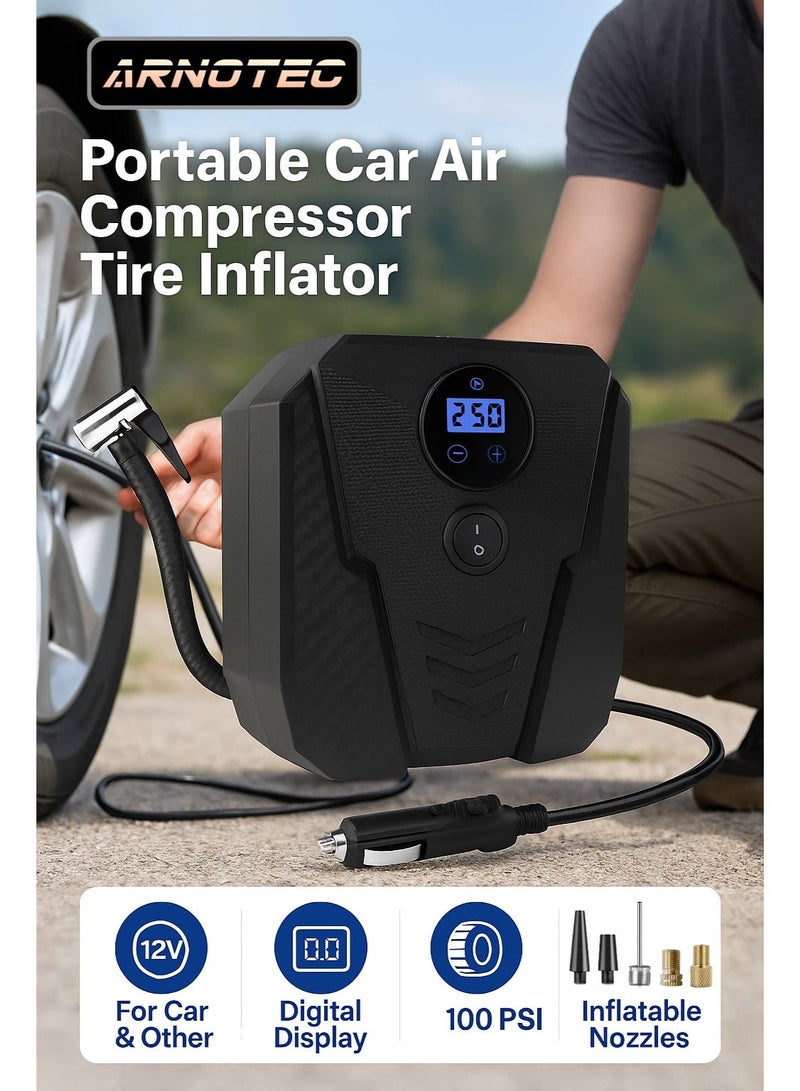 ARNOTEC ضاغط هواء سيارة سلكي 12 فولت، مضخة هواء محمولة 100 PSI مع مقياس ضغط تناظري ومجموعة فوهات متعددة للسيارة والدراجة النارية والدراجة والمنتجات القابلة للنفخ - Image 1