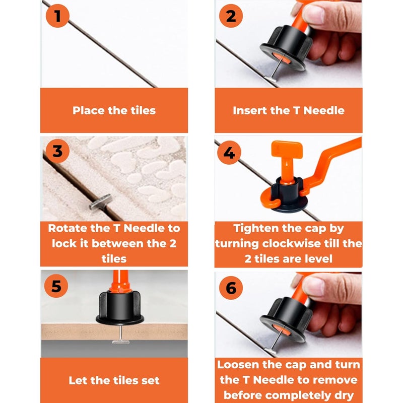 Zaptec Reusable Tile Levelling System Complete Kit For Floor & Wall Tiles (Pack of 50 Pcs T Needle, 50 Pcs Cap & 1 Wrench) (Orange & Black) - Image 3