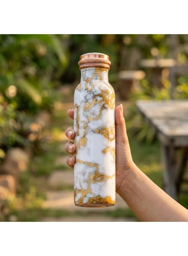 Mobcos Mobcos Royal White Marble Copper Water Bottle 1 Ltr, 99% Pure Copper Bottle with Leakproof Screw Cap, Handmade Marbled Design, Reusable Water Bottle for Home, Office & Travel