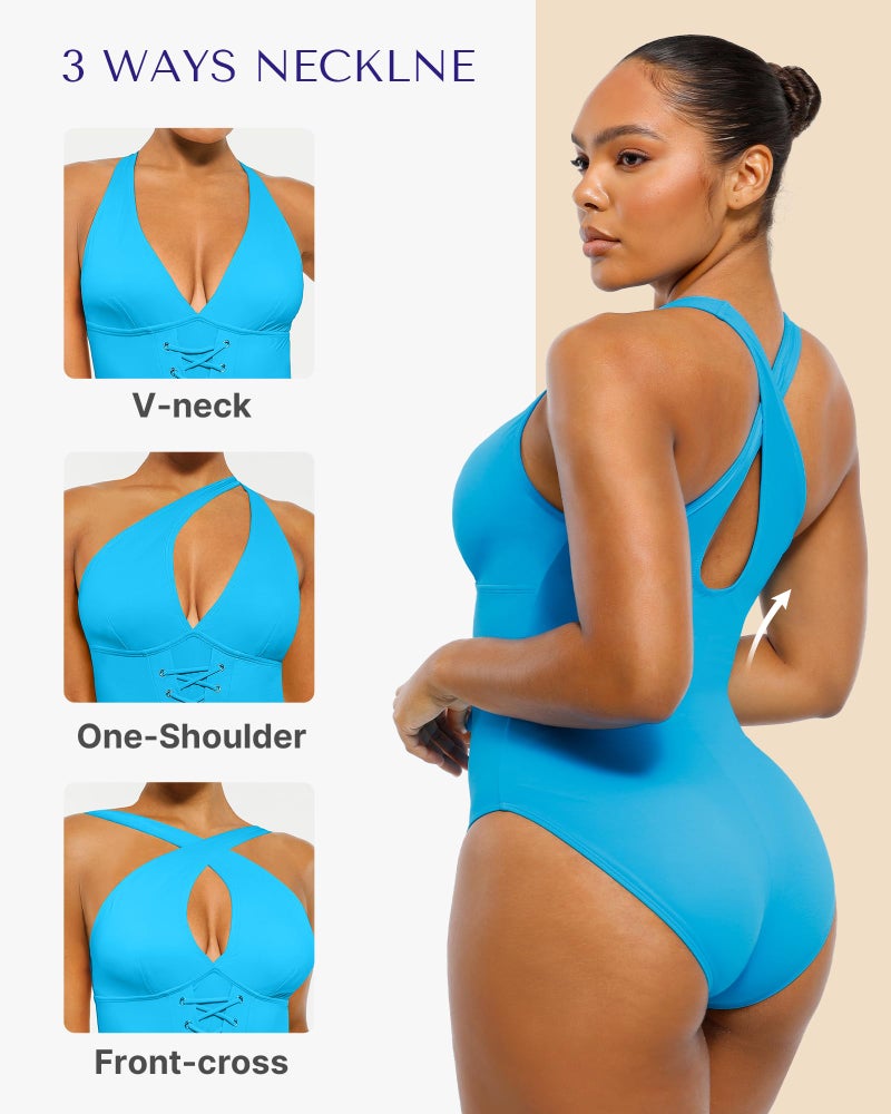 SHAPELLX Women Tummy Control One Piece Swimsuits with Built-in Bra Push Up Slimming Bathing Suits V Neck Blue L - Image 5
