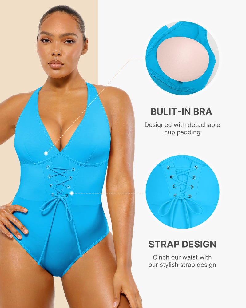 SHAPELLX Women Tummy Control One Piece Swimsuits with Built-in Bra Push Up Slimming Bathing Suits V Neck Blue L - Image 4