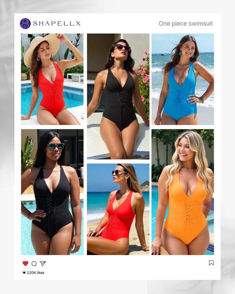 SHAPELLX Women Tummy Control One Piece Swimsuits with Built-in Bra Push Up Slimming Bathing Suits V Neck Blue L - Image 2