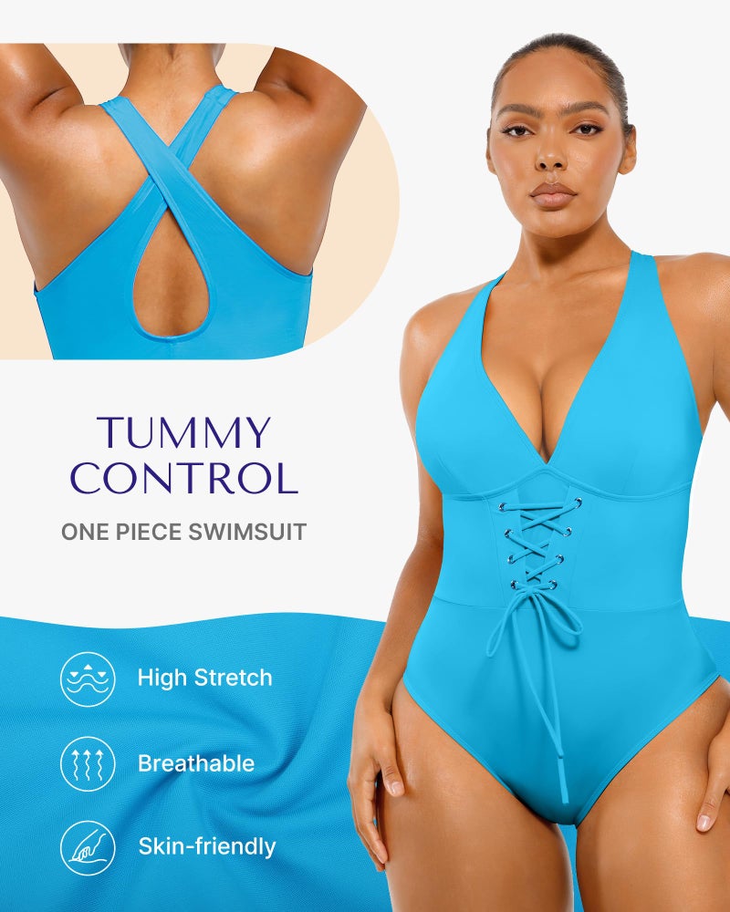 SHAPELLX Women Tummy Control One Piece Swimsuits with Built-in Bra Push Up Slimming Bathing Suits V Neck Blue L - Image 3