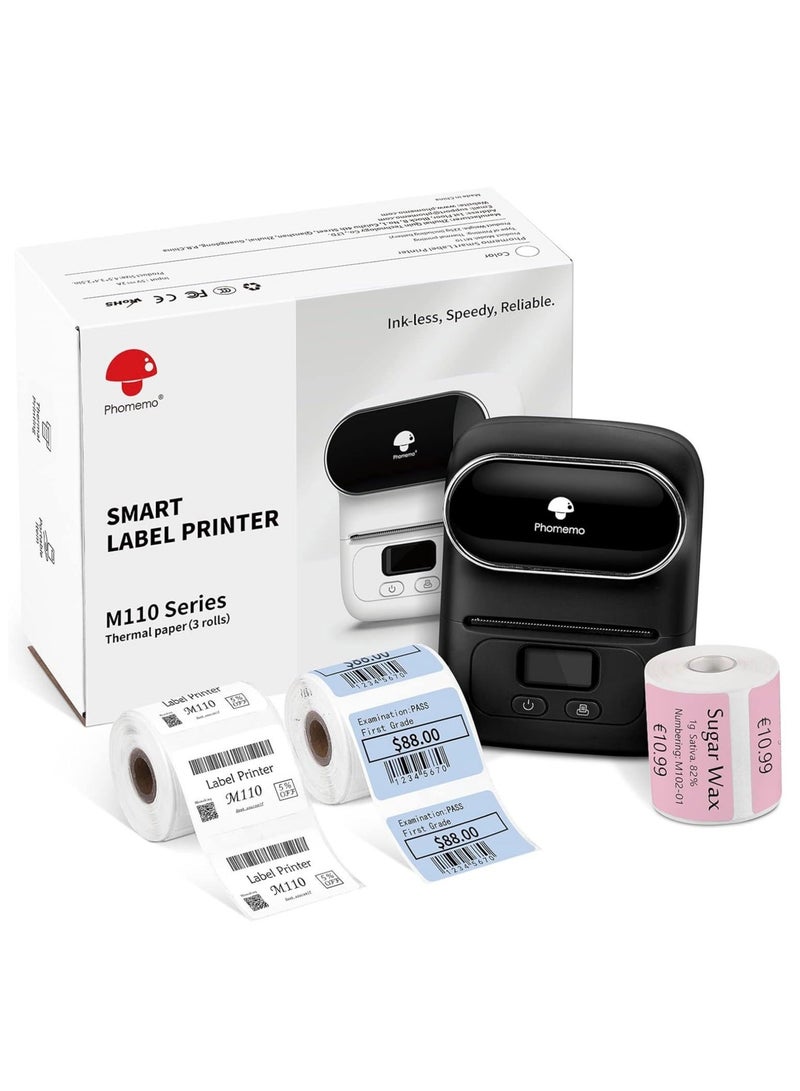 Phomemo M110 Portable Bluetooth Thermal Mini Label Maker Machine, Sticker Maker, Barcode Printer for Clothing, Jewelry, Retail, Mailing, Compatible with Android & iOS System (Black) - Image 1