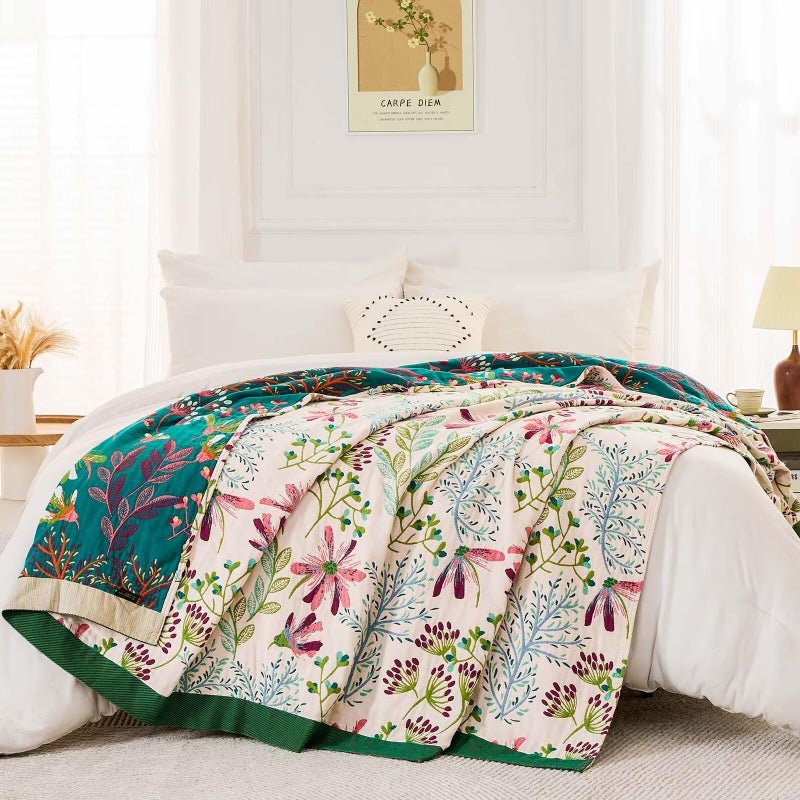 XIBLC Boho Throw Blanket for Bed  100% Cotton Soft Rustic Quilt Fall Blanket  60""x80"" Floral Printed Farmhouse Decor Bed Blankets  All Season Rustic Reversible Bohemian Throw Quilt - Image 5