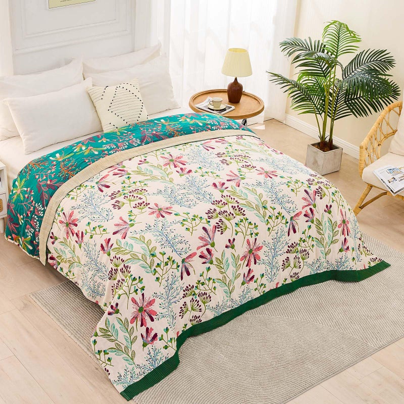 XIBLC Boho Throw Blanket for Bed  100% Cotton Soft Rustic Quilt Fall Blanket  60""x80"" Floral Printed Farmhouse Decor Bed Blankets  All Season Rustic Reversible Bohemian Throw Quilt - Image 4