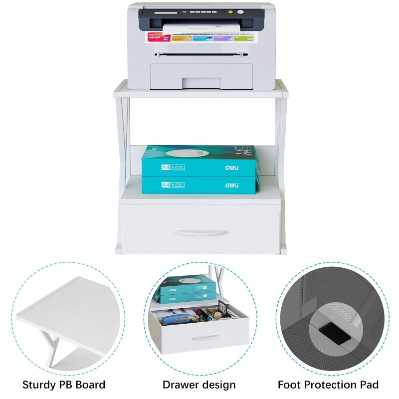 aboxoo Printer Stand for Desk with Storage Drawer, 2 Tier Desktop Or UnderDesk Shelf, Multi-Purpose Desk Organizer for Home Office, fit Fax Machine/3D Printer/Scanner, White - Image 2