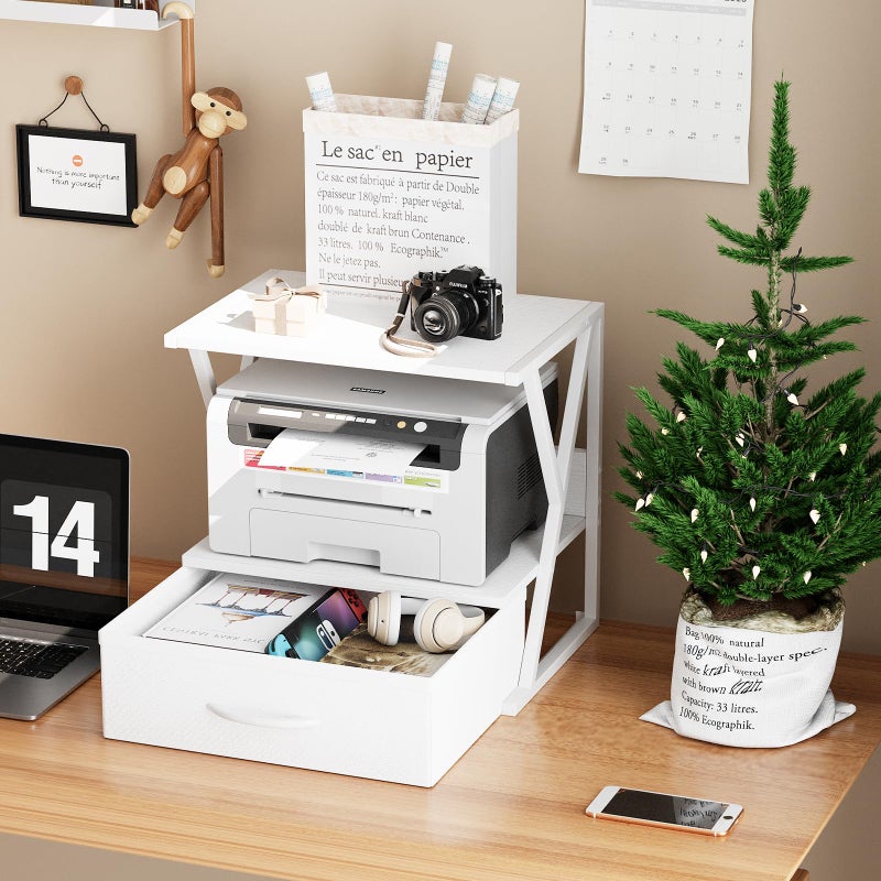 aboxoo Printer Stand for Desk with Storage Drawer, 2 Tier Desktop Or UnderDesk Shelf, Multi-Purpose Desk Organizer for Home Office, fit Fax Machine/3D Printer/Scanner, White - Image 4