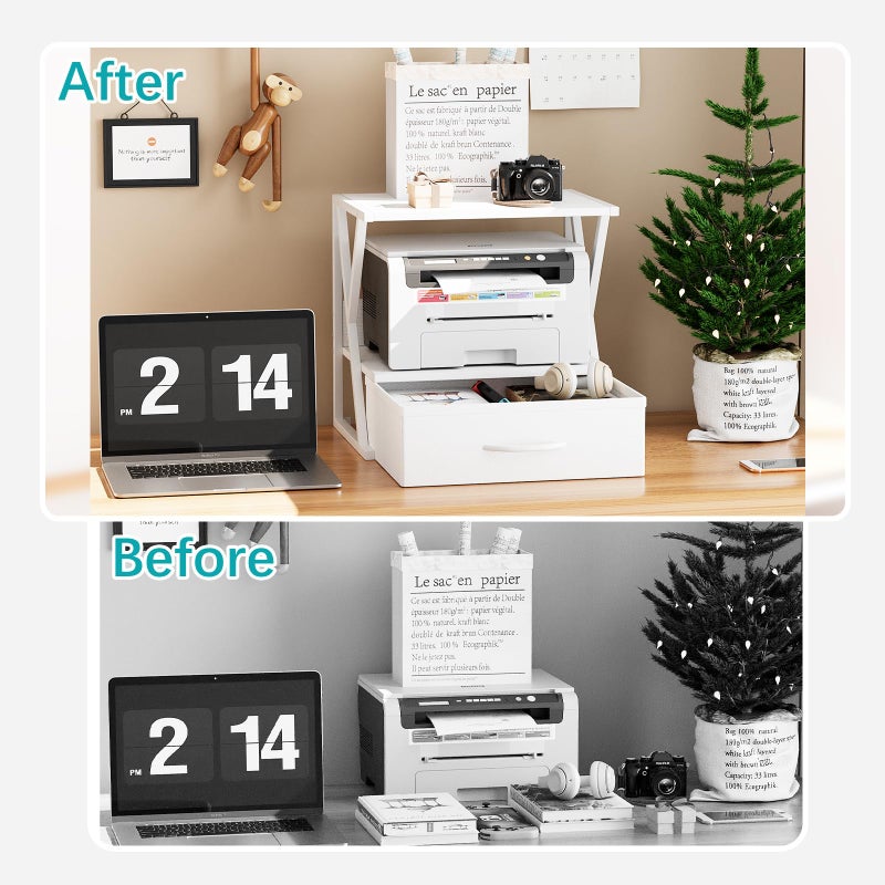 aboxoo Printer Stand for Desk with Storage Drawer, 2 Tier Desktop Or UnderDesk Shelf, Multi-Purpose Desk Organizer for Home Office, fit Fax Machine/3D Printer/Scanner, White - Image 5