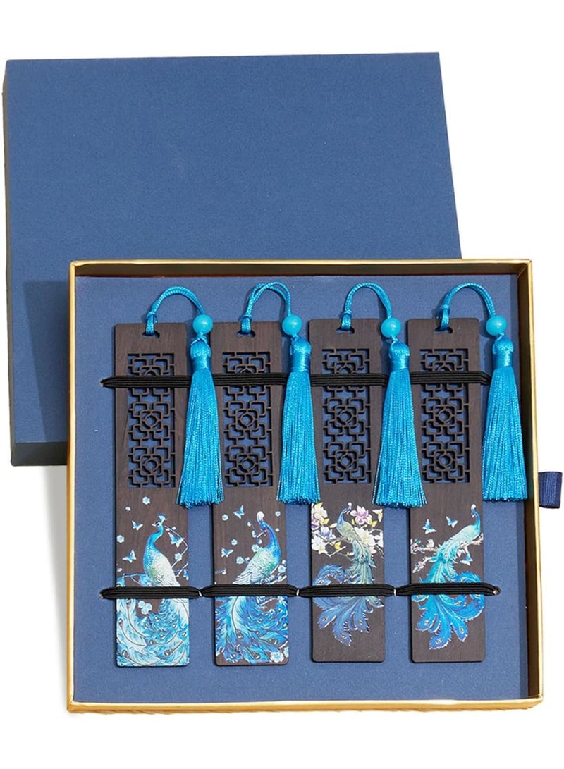 SYOSI Wooden Bookmarks, 4 Pcs Peacock Design with Tassels, Elegant Handmade Reading Accessories, Durable Lightweight Book Markers for Students Teachers Book Lovers Reading Gifts - Image 2