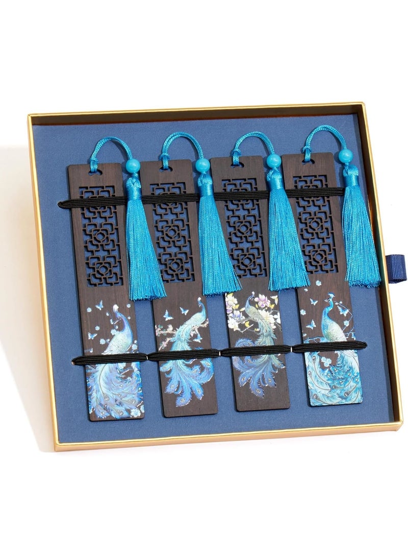 SYOSI Wooden Bookmarks, 4 Pcs Peacock Design with Tassels, Elegant Handmade Reading Accessories, Durable Lightweight Book Markers for Students Teachers Book Lovers Reading Gifts - Image 1