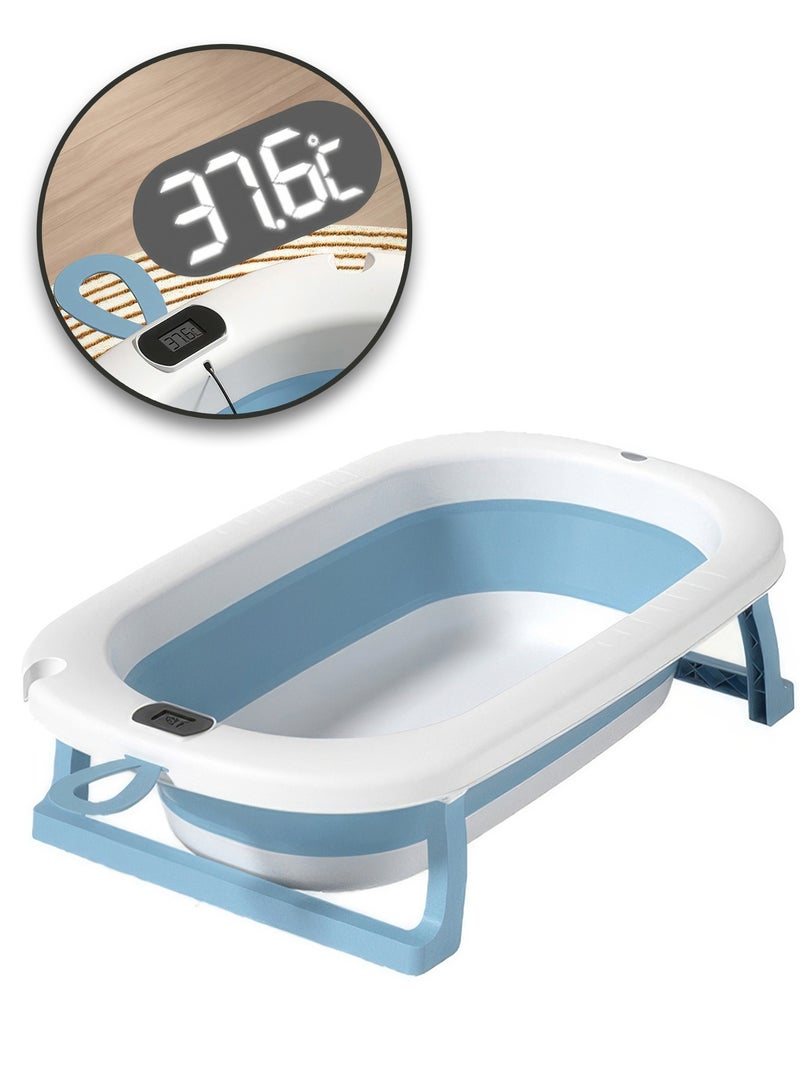 RENOVO Baby Bath Tub with Digital Thermometer, Drain Plug and Hanging Ring Portable Travel Friendly Anti-Skid Collapsible Bathtub for Kids, Blue - Image 1