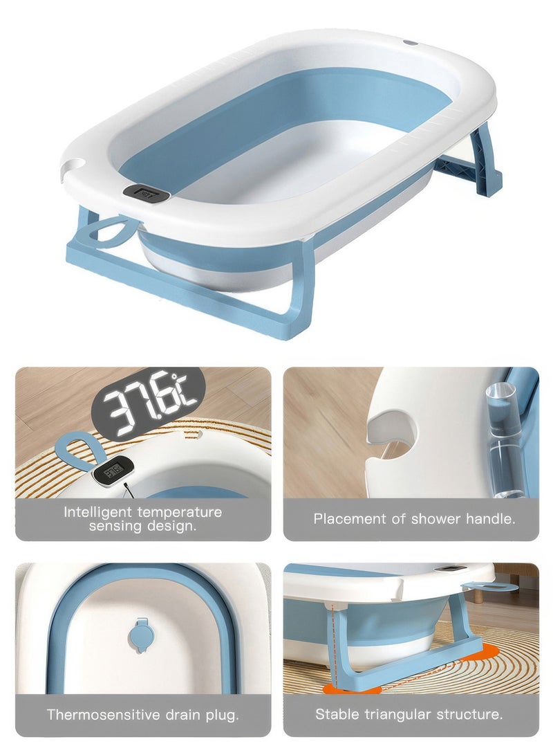 RENOVO Baby Bath Tub with Digital Thermometer, Drain Plug and Hanging Ring Portable Travel Friendly Anti-Skid Collapsible Bathtub for Kids, Blue - Image 3