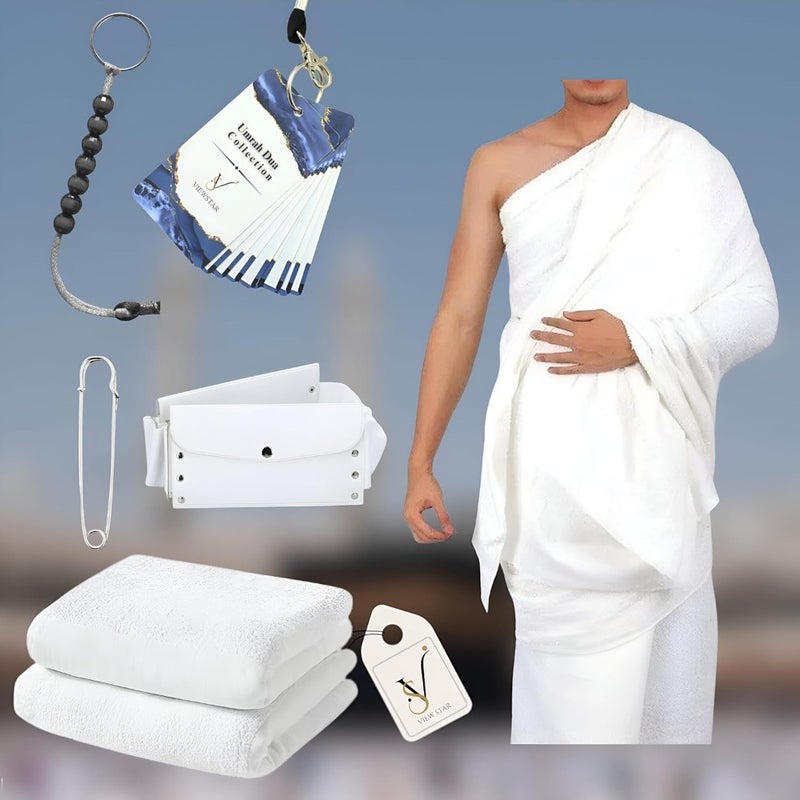 Hajj Umrah Ihram Set for Men 5 Pcs Cotton White Ihram Towels with Built-in Belt Bag, Ihram Bag, Dua Card, Tawaf Counter Tasbeeh Pins - Image 1