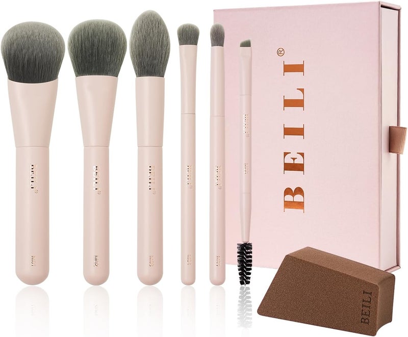 BEILI 6 Pcs Portable Travel Makeup Brush Set with Sponge Puff, Mini Soft Foundation Powder Eyeshadow Brushes, Makeup Sponge for Blending, Ideal for On-the-Go, Gift for Women - Image 1
