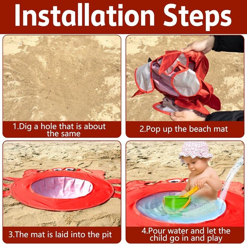 RunNico Pop Up Beach Pool, Portable Toddler Beach Pit with Water Bag and Storage Bag, Cute Shape Beach Pool Puddle for Outdoor Summer Beach Camping Traveling Vacation (Crab) - Image 3