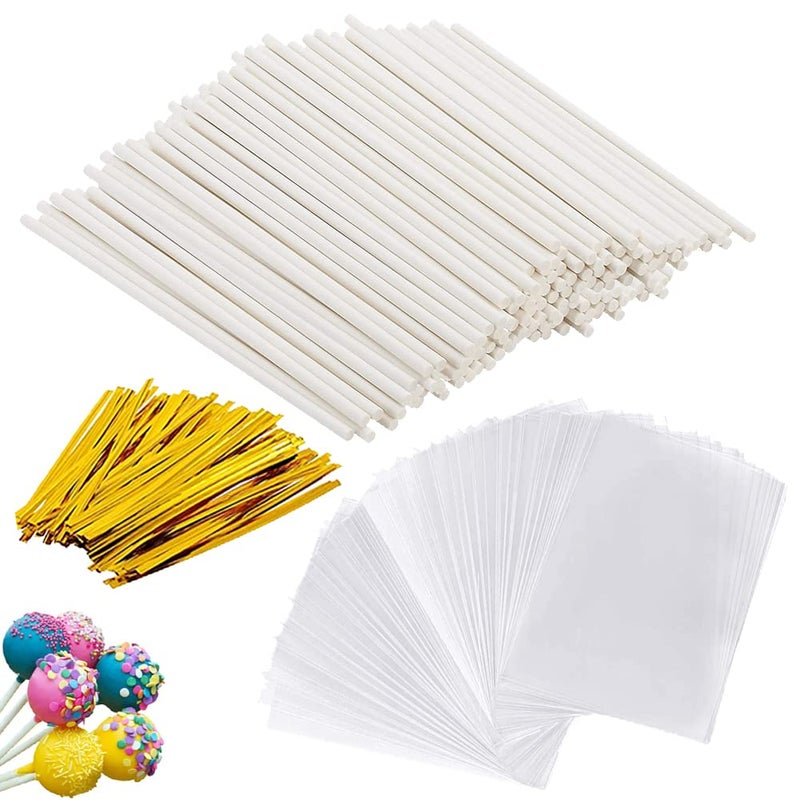 FUATOR 100Pcs Lollipop Cake Pop Sticks 59 Inches 100Pcs Cake Pop Bags59X31 100pcs Gold Metallic Twist Ties for DIY Lollipops Cake Pops Candies Chocolates Making Tools
